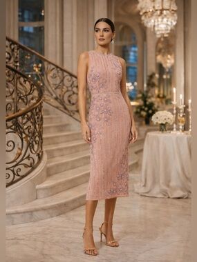 New MAC DUGGAL Pink Striped Floral Embellished Sleeveless Midi Dress - Size 12